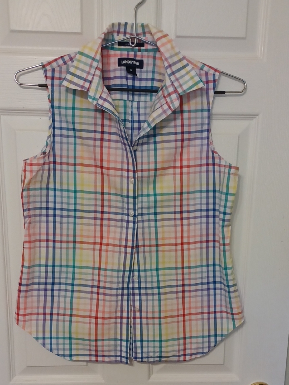 Lands' End Sz 8, Sleeveless Rainbow Plaid Button-Up Retro Blouse